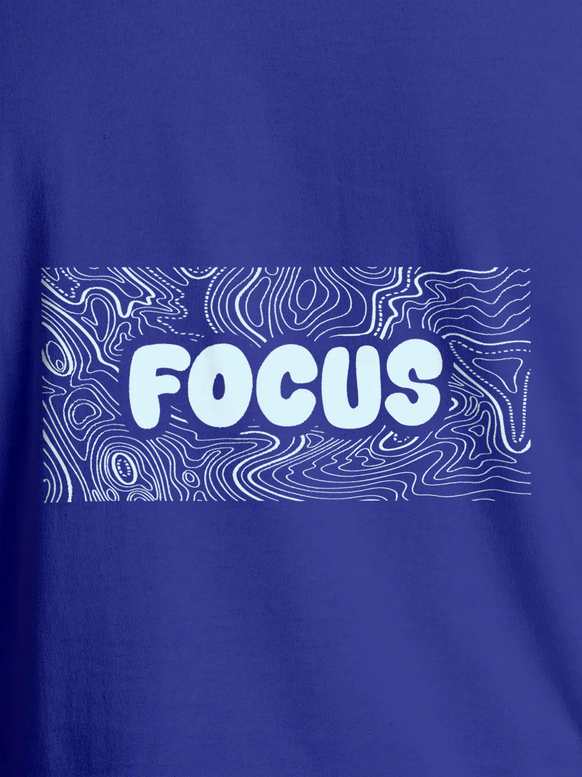 Close up of 'Focus In Chaos' design on Men's Blue Round Neck T-shirt, highlighting intricate details and vibrant print.