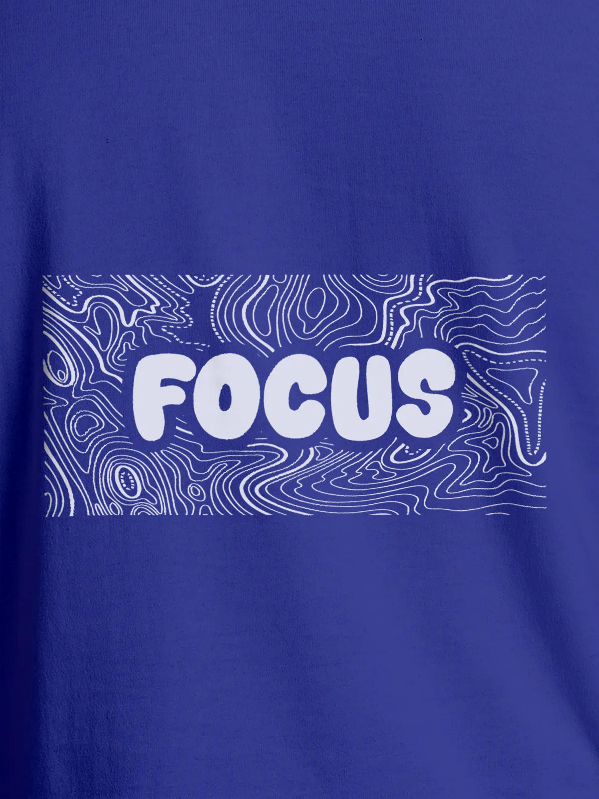 Close up of 'Focus In Chaos' design on Men's Blue Round Neck T-shirt, highlighting intricate details and vibrant print.