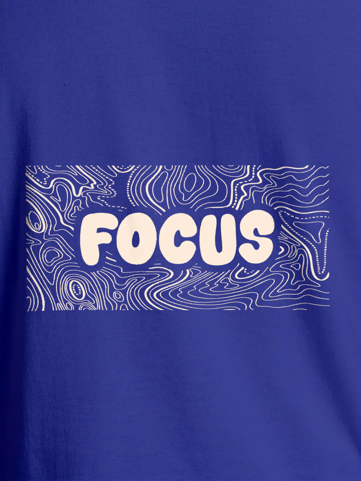 Close up of 'Focus In Chaos' design on Men's Blue Round Neck T-shirt, highlighting intricate details and vibrant print.