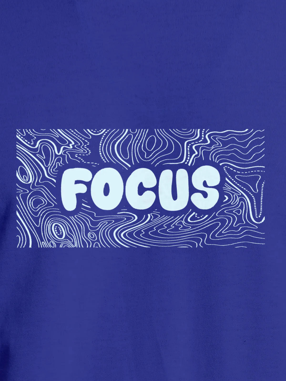 Close up of 'Focus In Chaos' design on Women's Blue Round Neck T-shirt, highlighting intricate details and vibrant print.