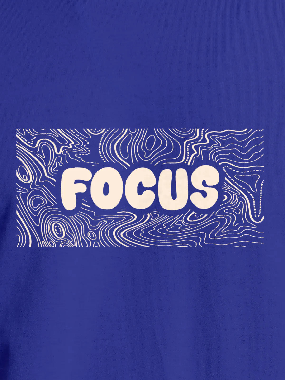 Close up of 'Focus In Chaos' design on Women's Blue Round Neck T-shirt, highlighting intricate details and vibrant print.