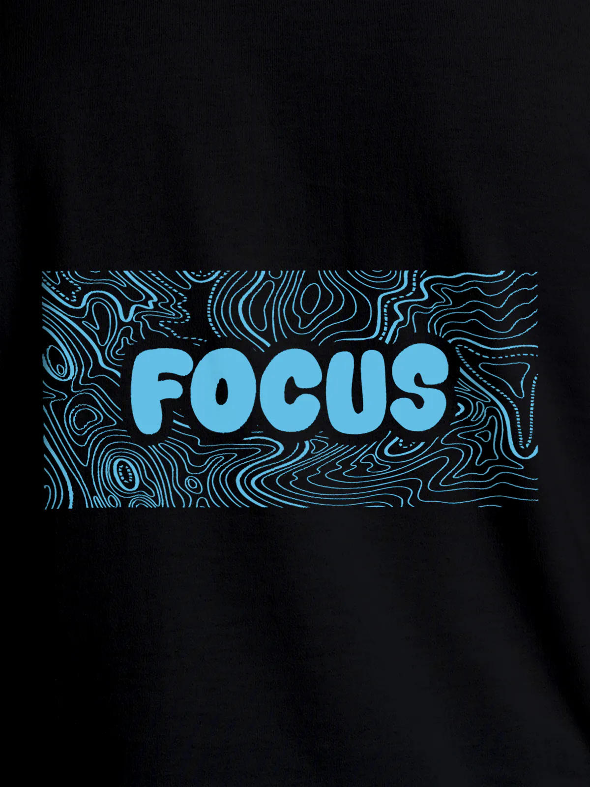 Close up of 'Focus In Chaos' design on Men's Black Round Neck T-shirt, highlighting intricate details and vibrant print.