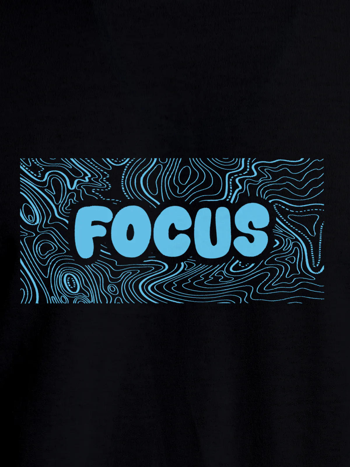 Close up of 'Focus In Chaos' design on Women's Black Round Neck T-shirt, highlighting intricate details and vibrant print.
