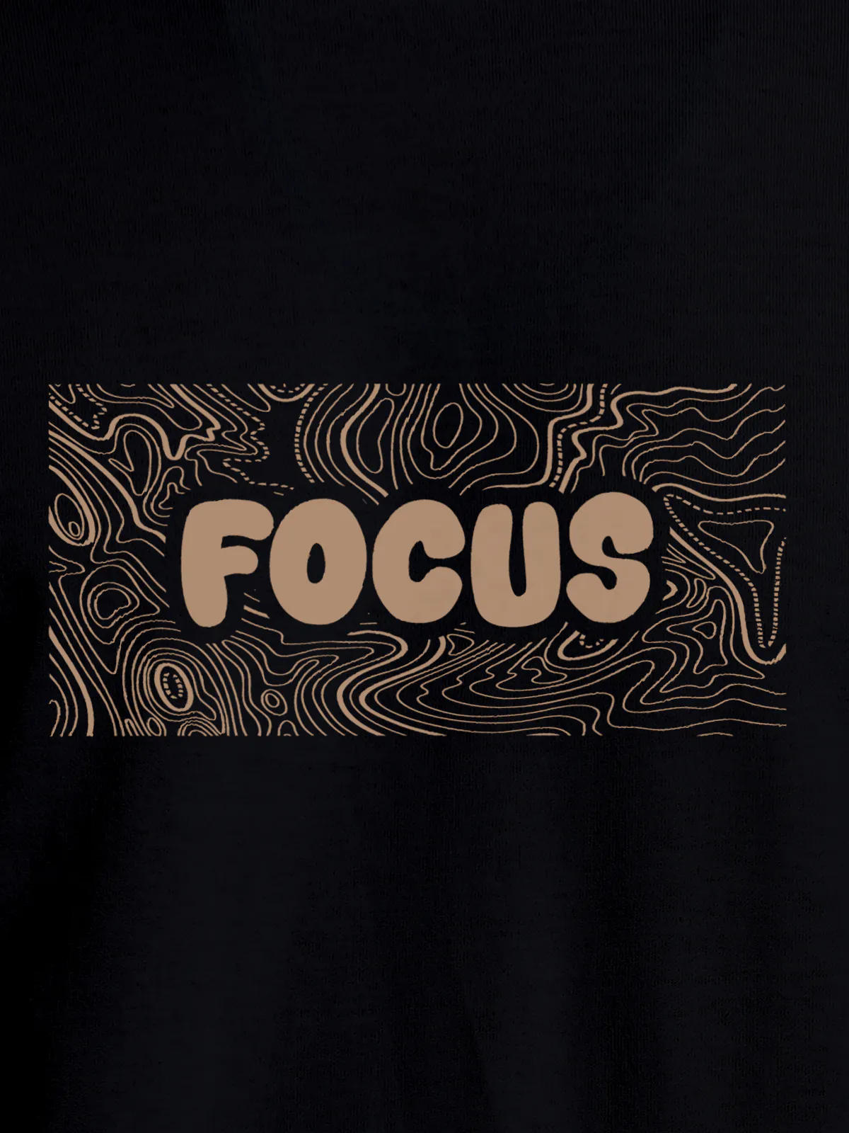Close up of 'Focus In Chaos' design on Women's Black Round Neck T-shirt, highlighting intricate details and vibrant print.