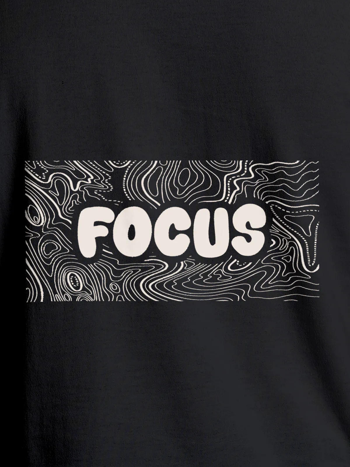 Close up of 'Focus In Chaos' design on Men's Dark Grey Round Neck T-shirt, highlighting intricate details and vibrant print.