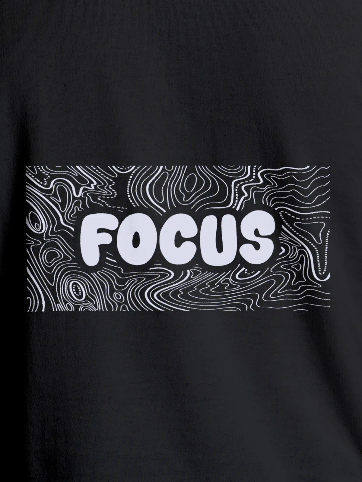Close up of 'Focus In Chaos' design on Men's Dark Grey Round Neck T-shirt, highlighting intricate details and vibrant print.