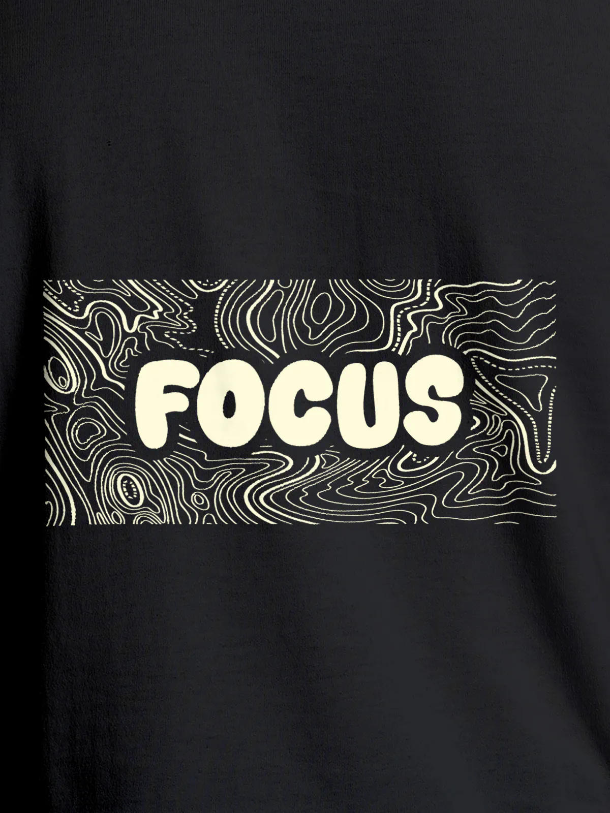 Close up of 'Focus In Chaos' design on Men's Dark Grey Round Neck T-shirt, highlighting intricate details and vibrant print.