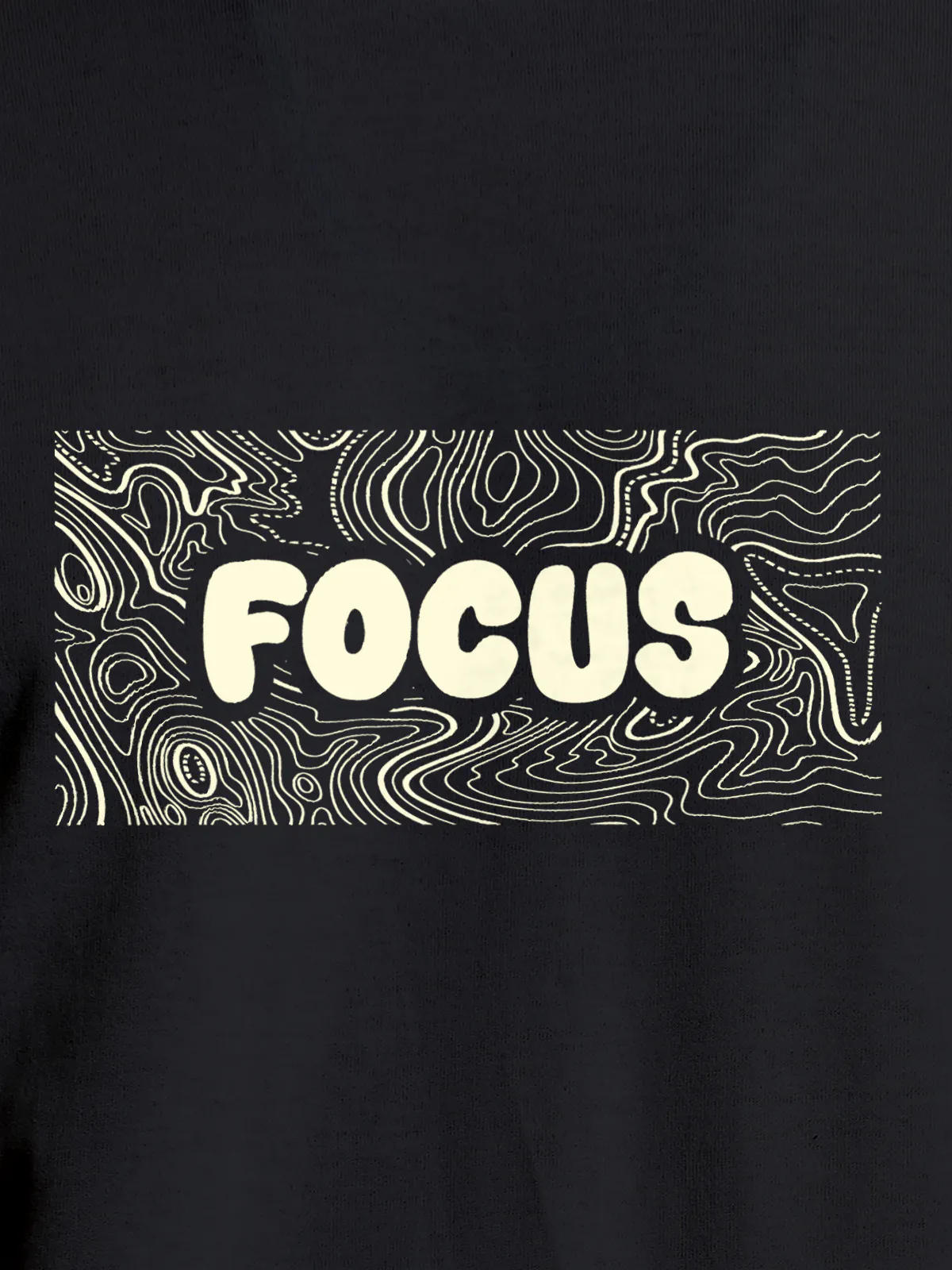 Close up of 'Focus In Chaos' design on Women's Dark Grey Round Neck T-shirt, highlighting intricate details and vibrant print.