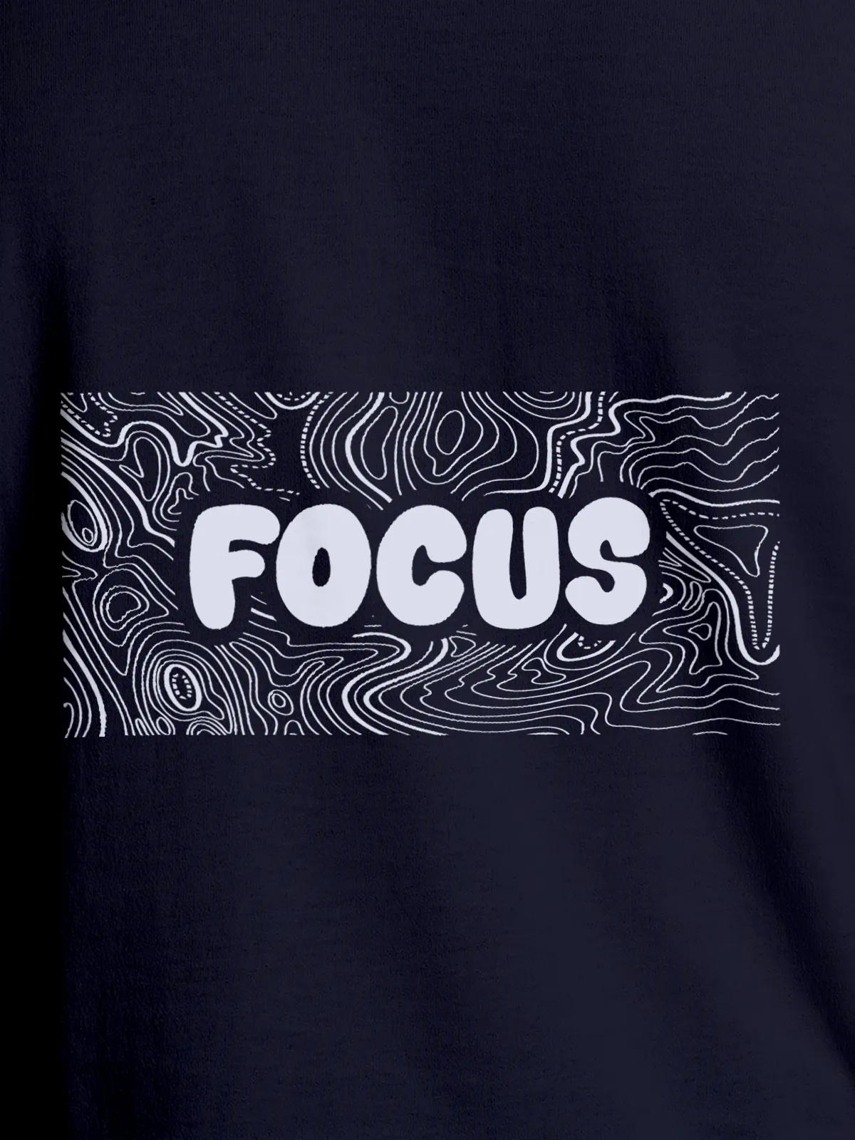Close up of 'Focus In Chaos' design on Men's Navy Blue Round Neck T-shirt, highlighting intricate details and vibrant print.