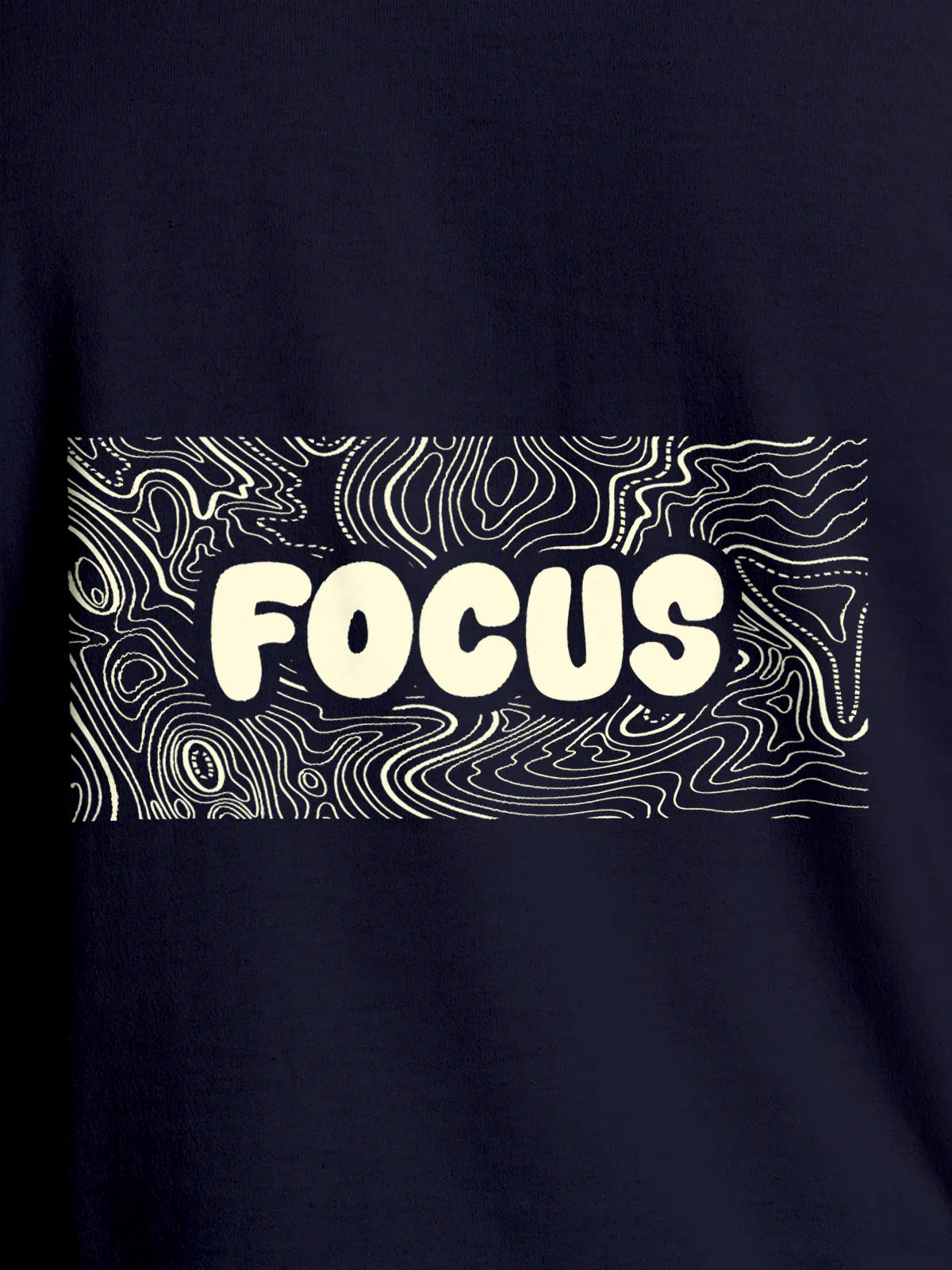 Close up of 'Focus In Chaos' design on Men's Navy Blue Round Neck T-shirt, highlighting intricate details and vibrant print.