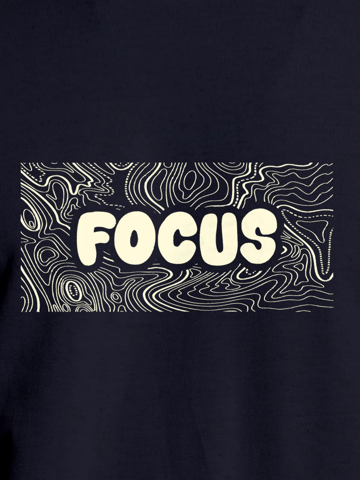 Close up of 'Focus In Chaos' design on Women's Navy Blue Round Neck T-shirt, highlighting intricate details and vibrant print.