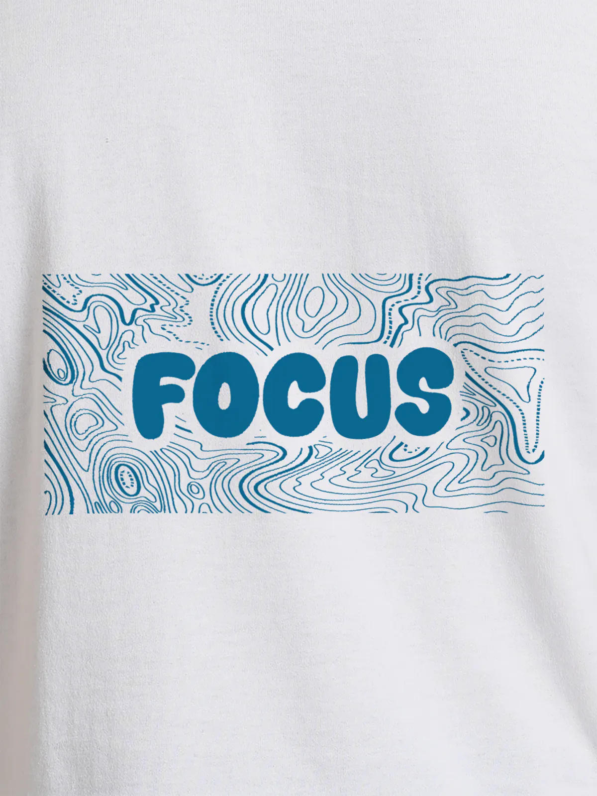 Close up of 'Focus In Chaos' design on Men's White Round Neck T-shirt, highlighting intricate details and vibrant print.