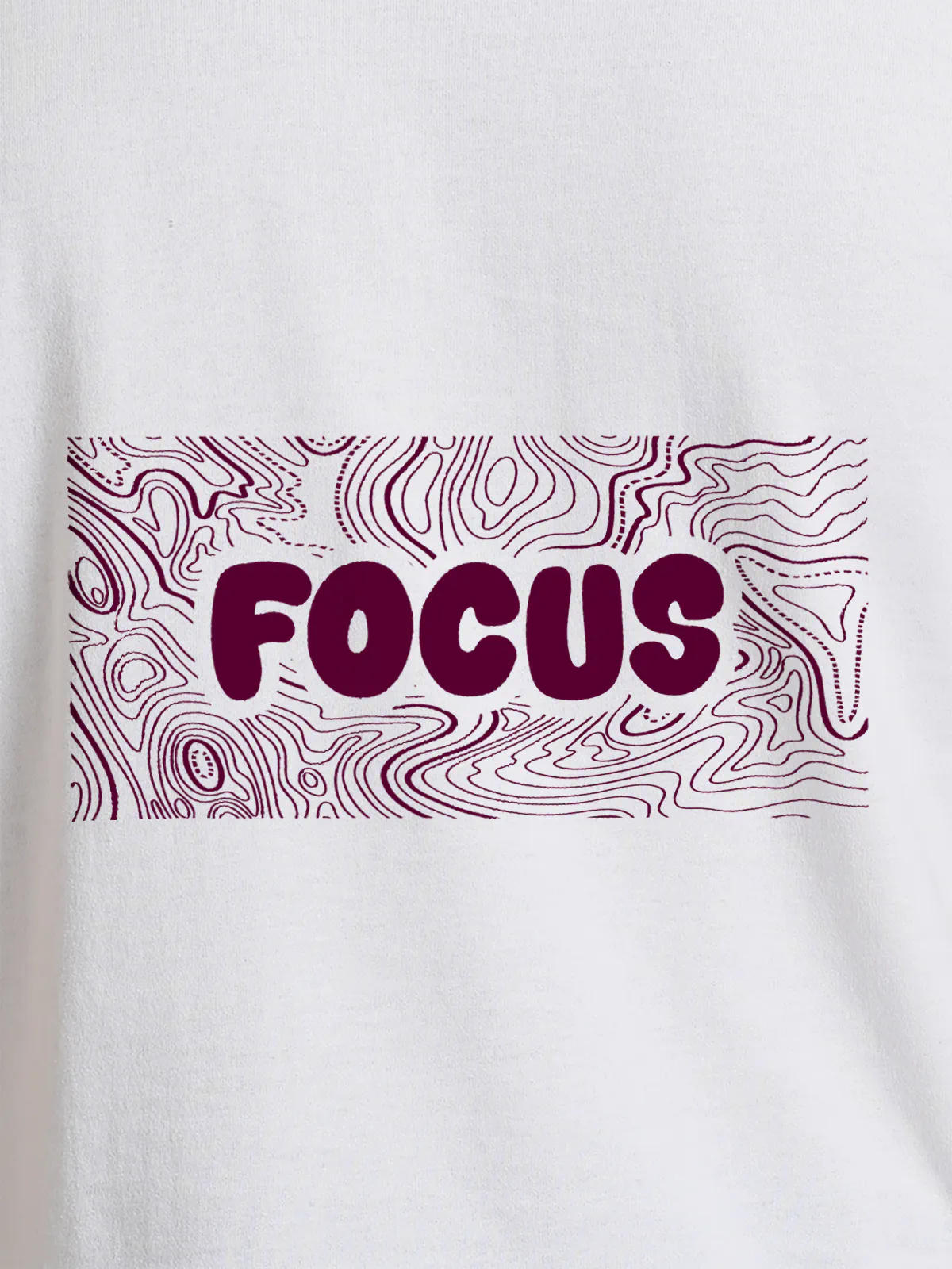Close up of 'Focus In Chaos' design on Men's White Round Neck T-shirt, highlighting intricate details and vibrant print.