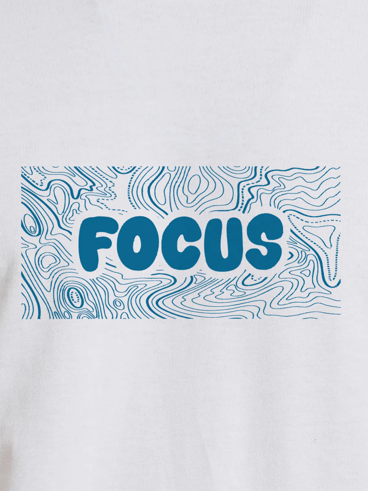 Close up of 'Focus In Chaos' design on Women's White Round Neck T-shirt, highlighting intricate details and vibrant print.