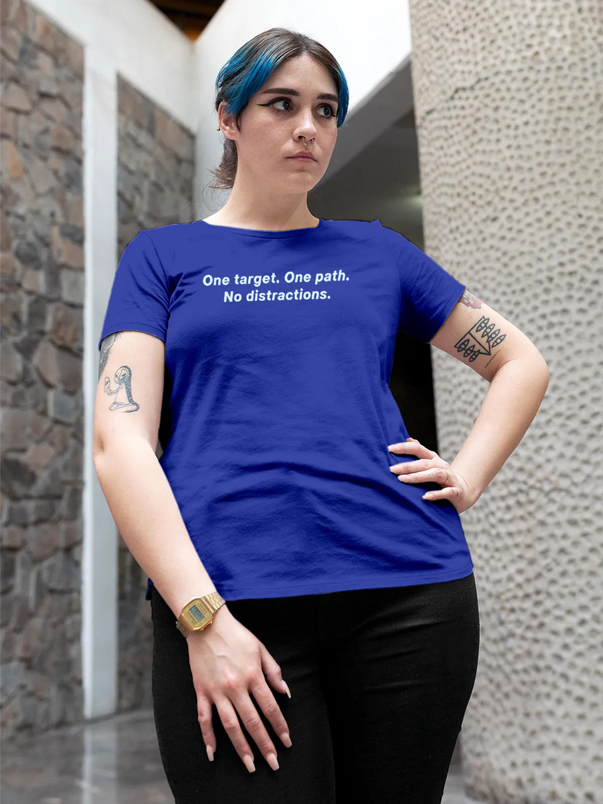 Front view of Fighterhero Women's Blue Round Neck T-shirt, highlighting the 'broken chains' design on the chest.