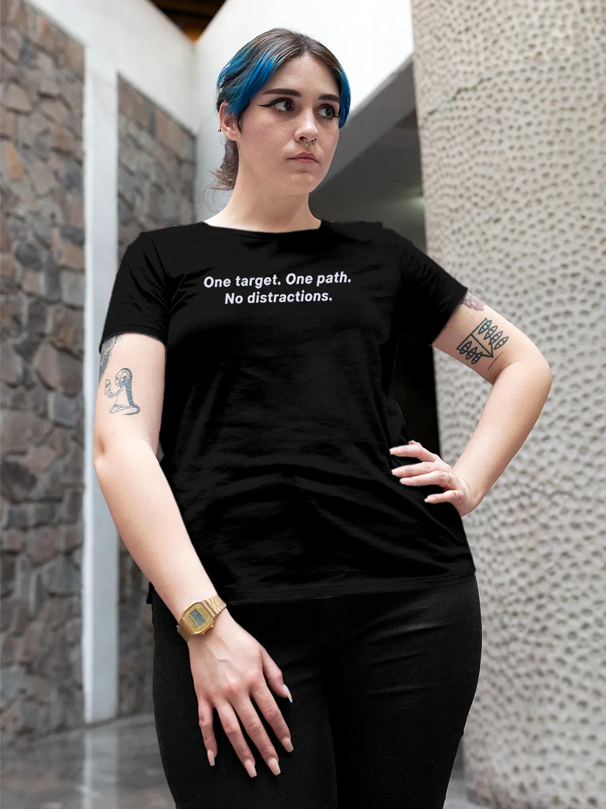 Front view of Fighterhero Women's Black Round Neck T-shirt, highlighting the 'broken chains' design on the chest.