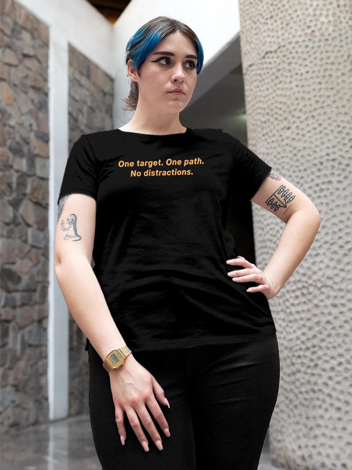 Front view of Fighterhero Women's Black Round Neck T-shirt, highlighting the 'broken chains' design on the chest.