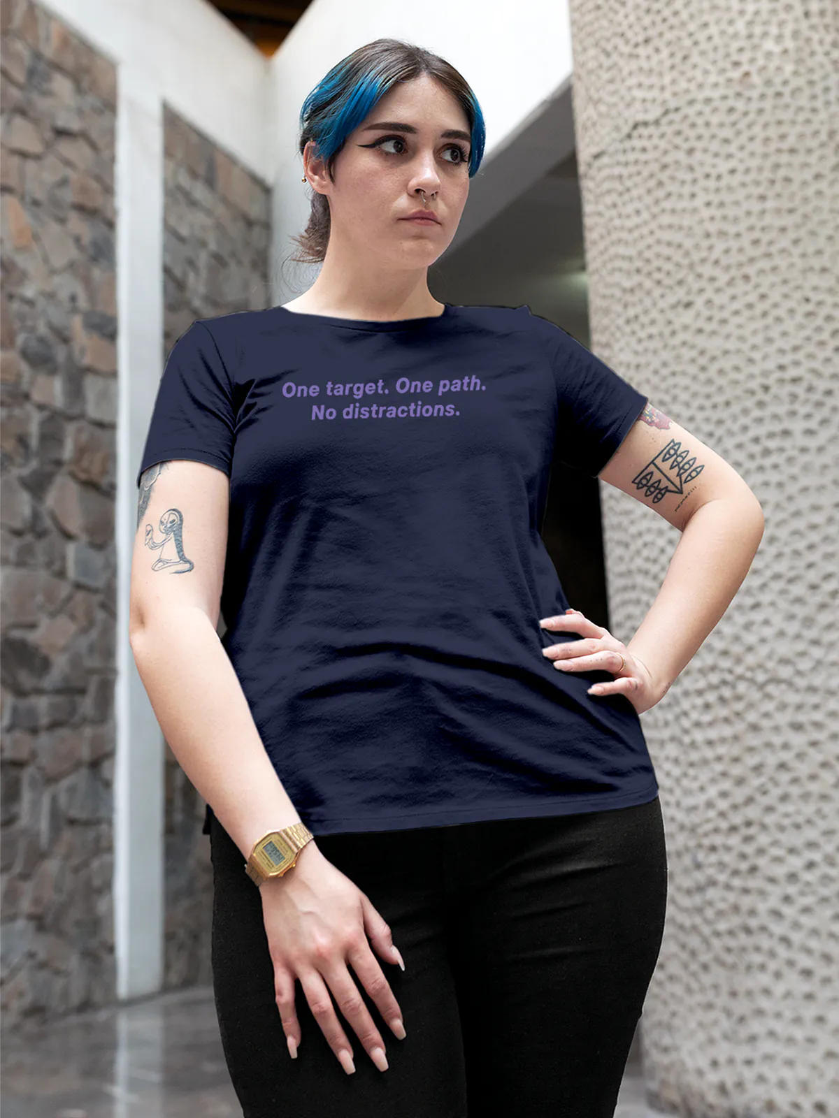 Front view of Fighterhero Women's Navy Blue Round Neck T-shirt, highlighting the 'broken chains' design on the chest.