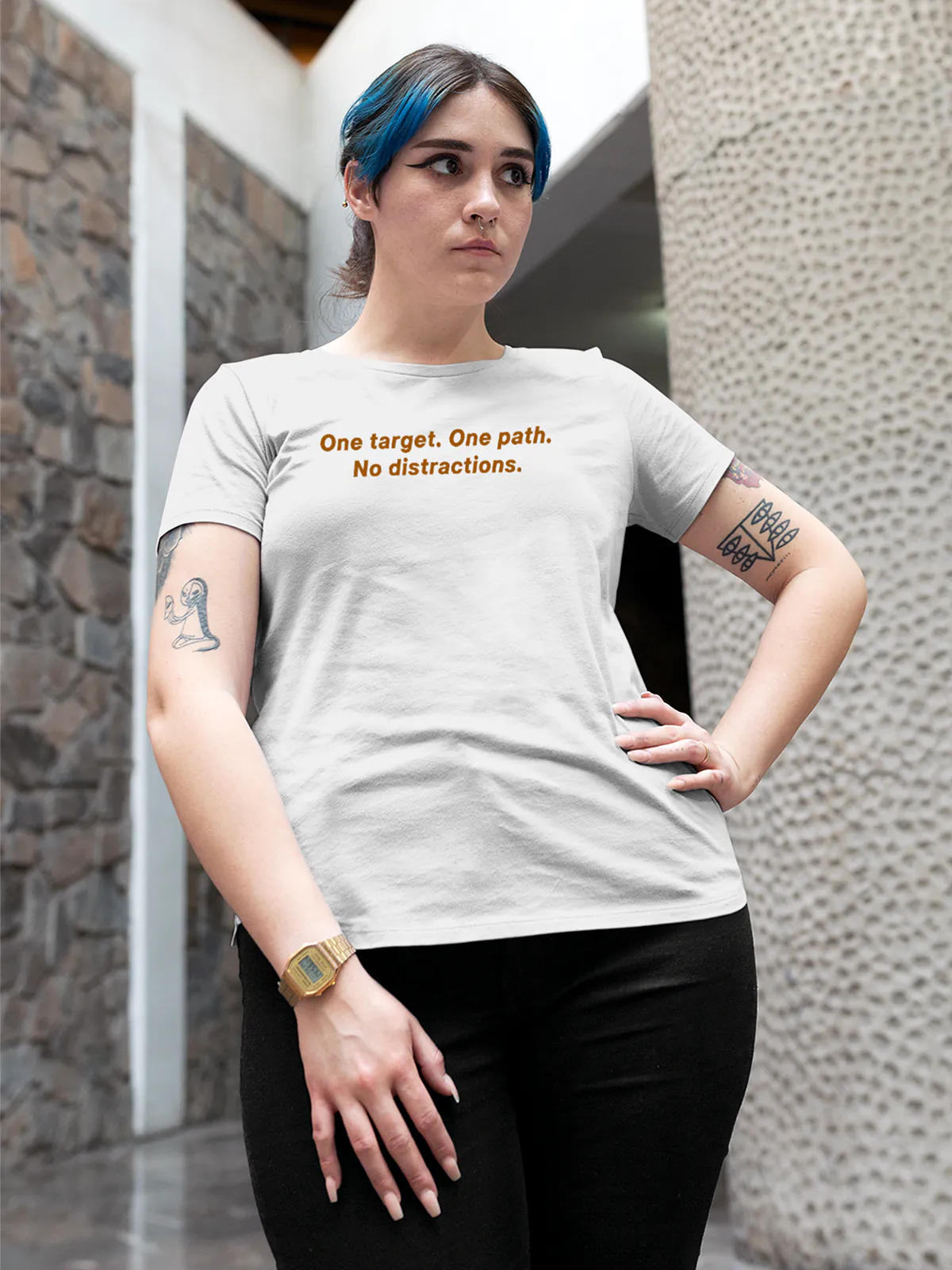 Front view of Fighterhero Women's White Round Neck T-shirt, highlighting the 'broken chains' design on the chest.