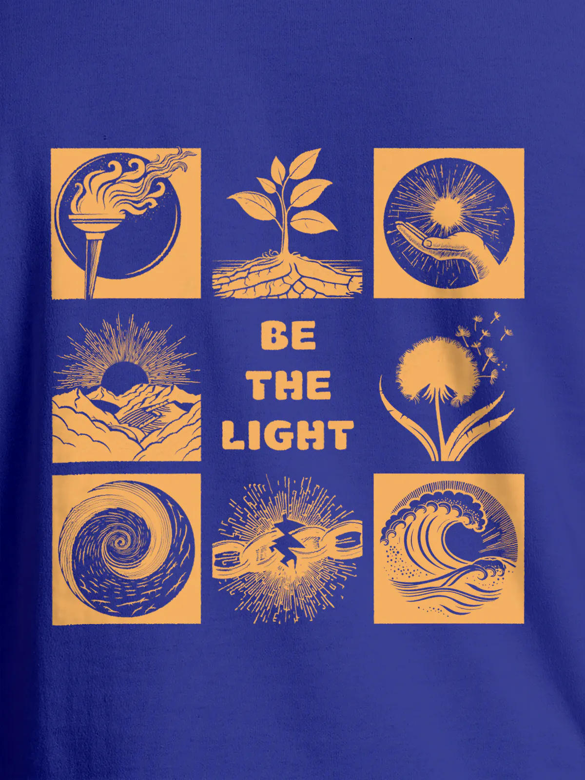 Close up of 'Be The Light' design on Men's Blue Round Neck T-shirt, highlighting intricate details and vibrant print.