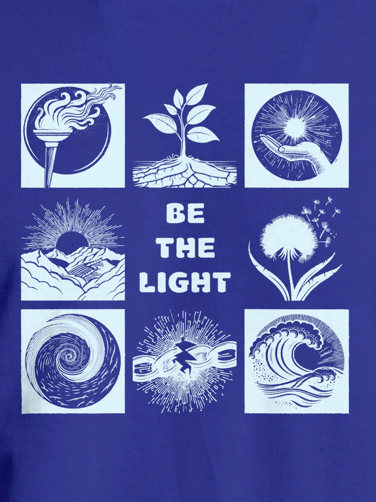 Close up of 'Be The Light' design on Women's Blue Round Neck T-shirt, highlighting intricate details and vibrant print.