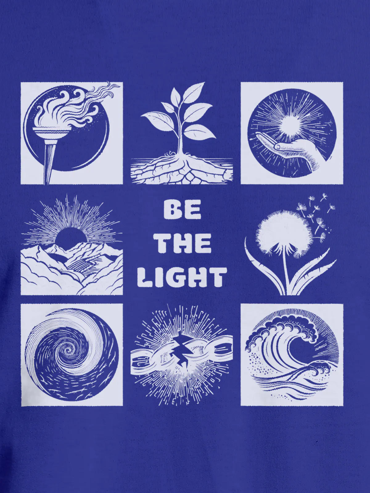 Close up of 'Be The Light' design on Women's Blue Round Neck T-shirt, highlighting intricate details and vibrant print.