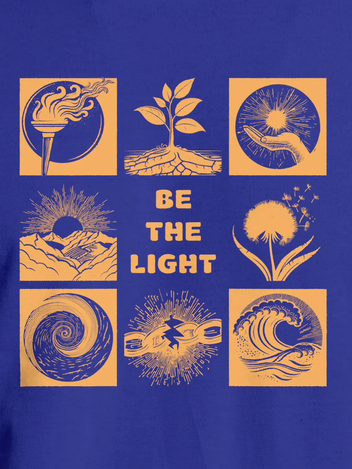 Close up of 'Be The Light' design on Women's Blue Round Neck T-shirt, highlighting intricate details and vibrant print.