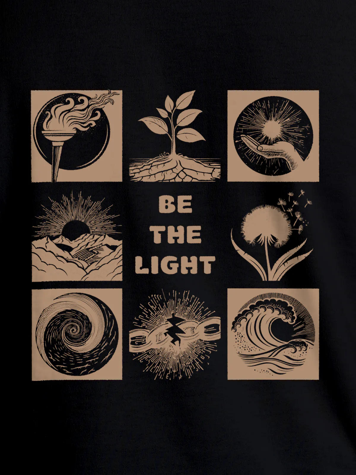 Close up of 'Be The Light' design on Men's Black Round Neck T-shirt, highlighting intricate details and vibrant print.