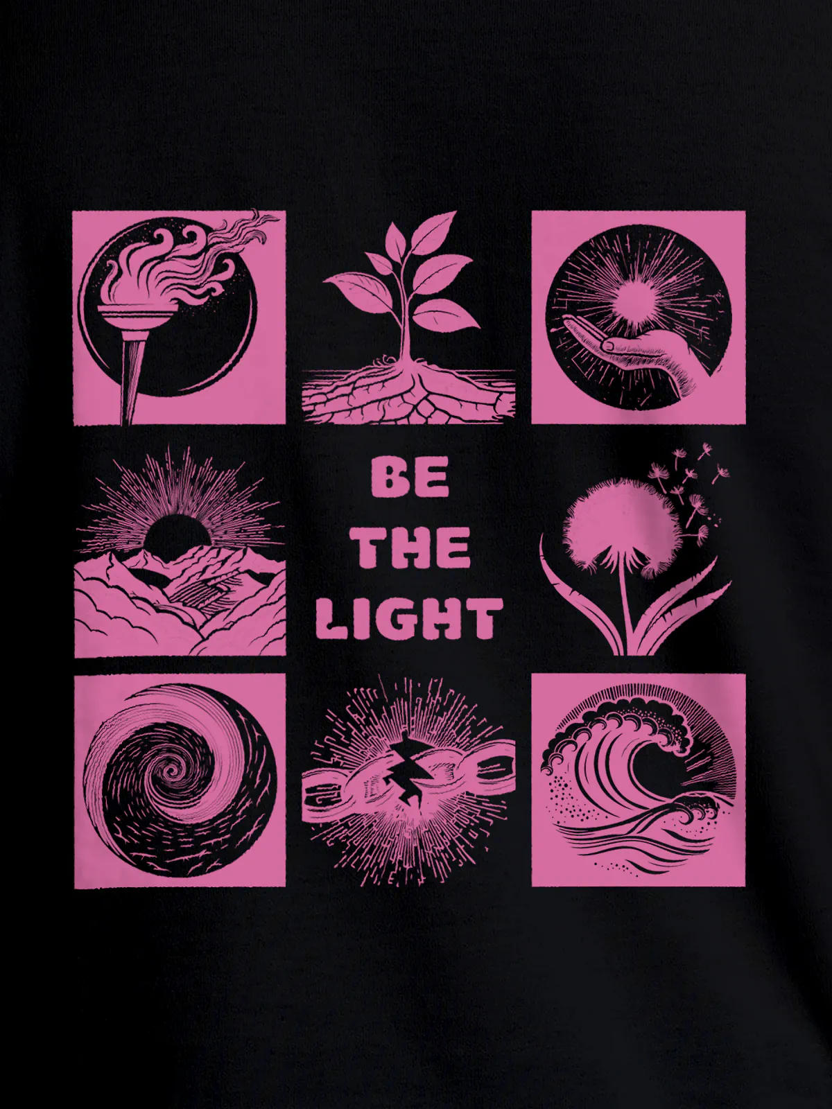 Close up of 'Be The Light' design on Men's Black Round Neck T-shirt, highlighting intricate details and vibrant print.