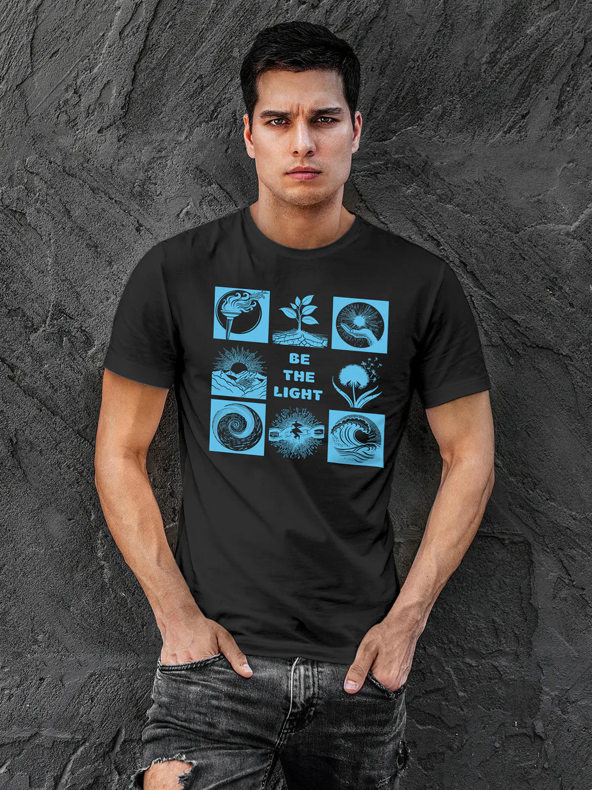 Model wearing Men's Dark Grey Round Neck T-shirt with 'Be The Light' design, offering effortless style and premium comfort