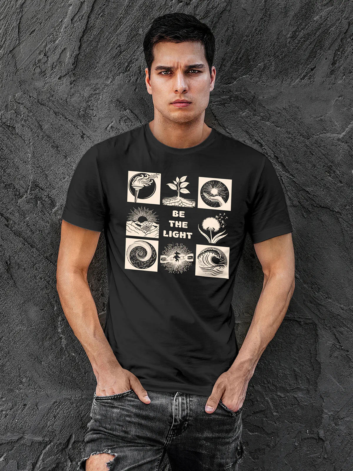 Model wearing Men's Dark Grey Round Neck T-shirt with 'Be The Light' design, offering effortless style and premium comfort