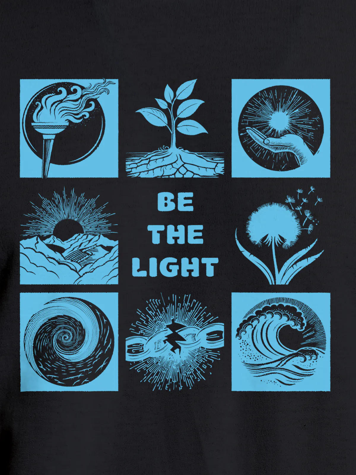 Close up of 'Be The Light' design on Women's Dark Grey Round Neck T-shirt, highlighting intricate details and vibrant print.