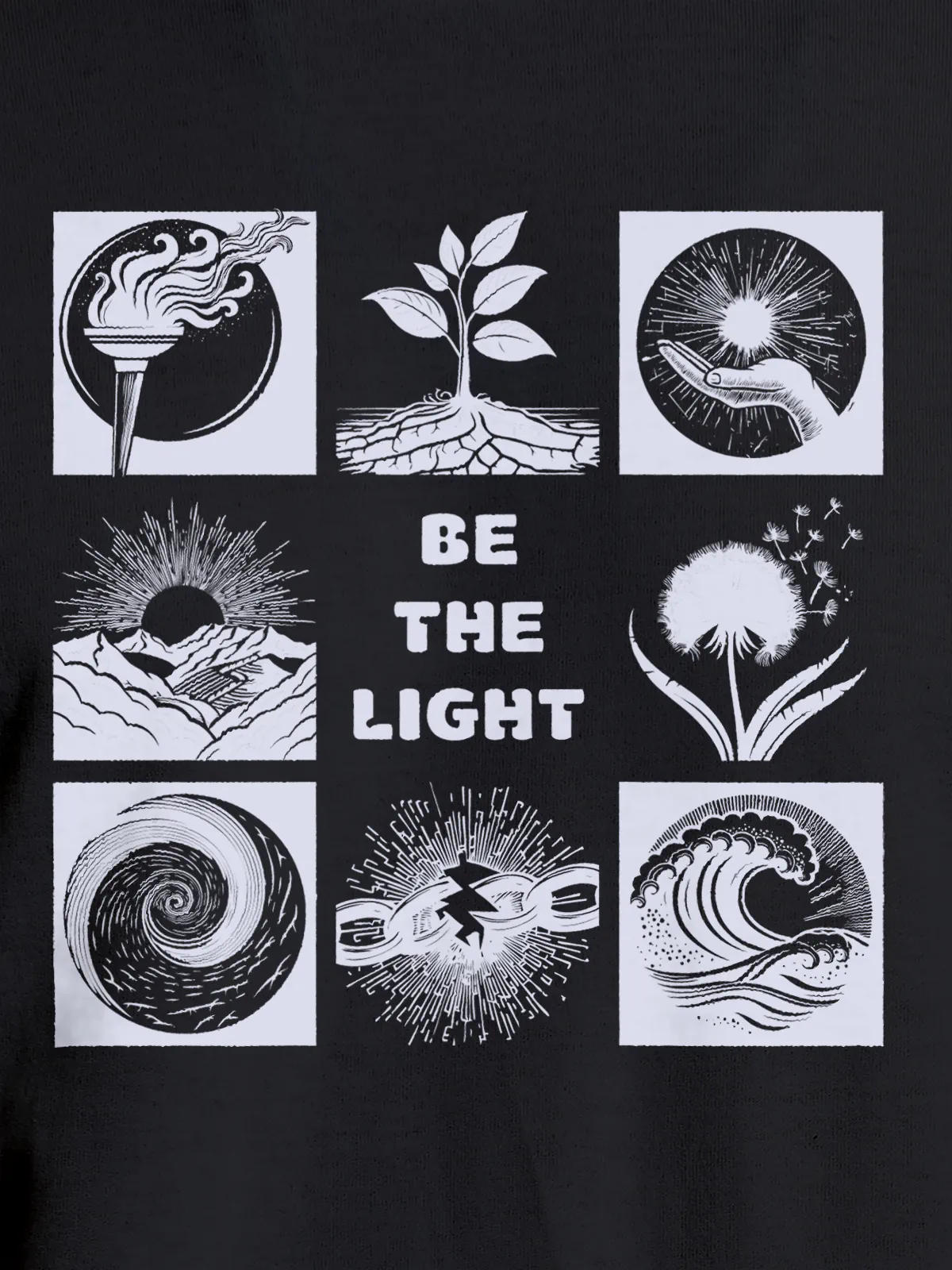 Close up of 'Be The Light' design on Women's Dark Grey Round Neck T-shirt, highlighting intricate details and vibrant print.