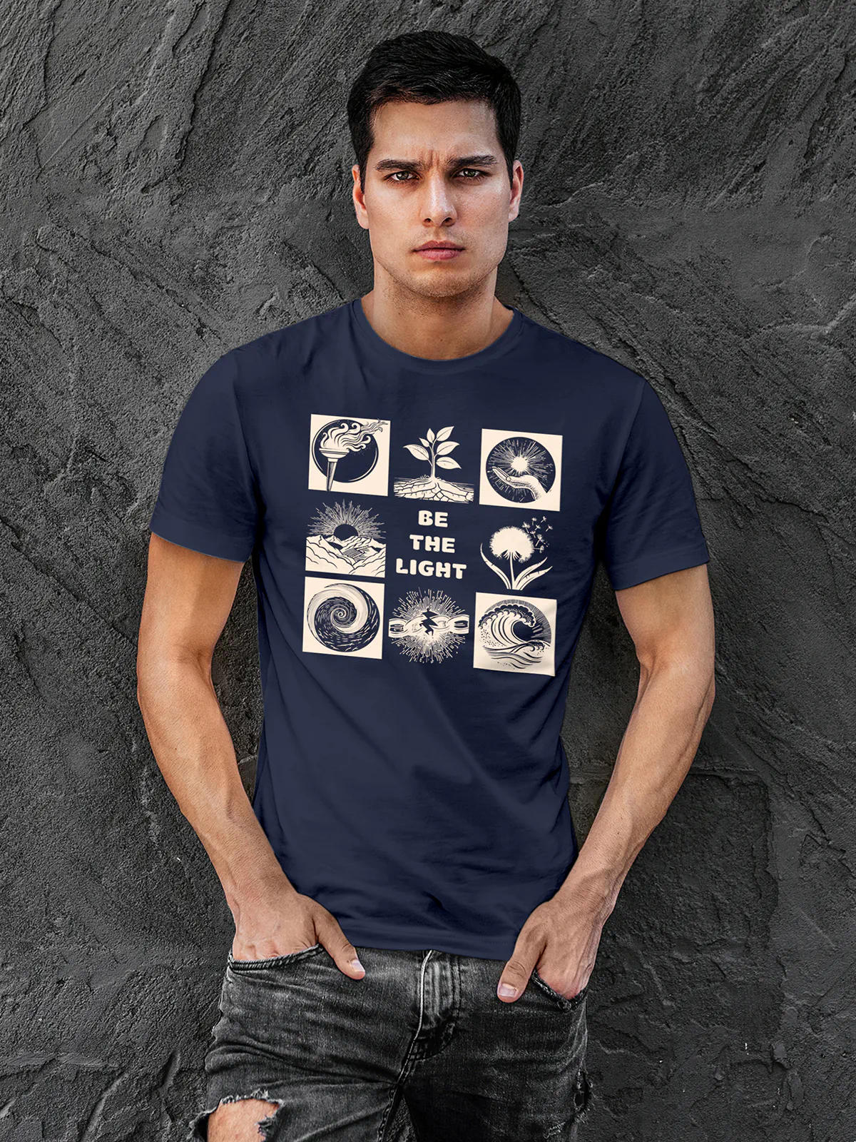 Model wearing Men's Navy Blue Round Neck T-shirt with 'Be The Light' design, offering effortless style and premium comfort