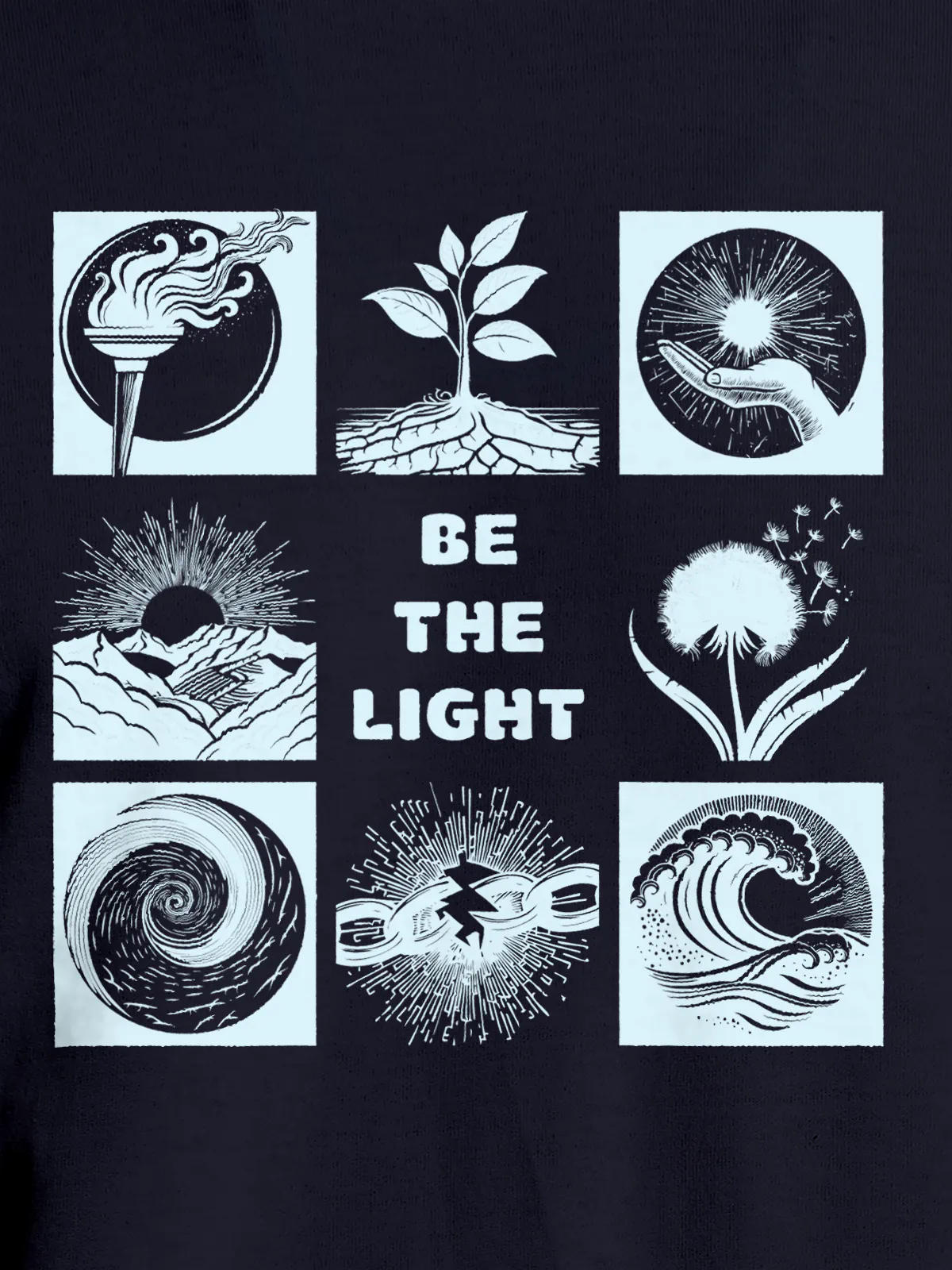 Close up of 'Be The Light' design on Women's Navy Blue Round Neck T-shirt, highlighting intricate details and vibrant print.