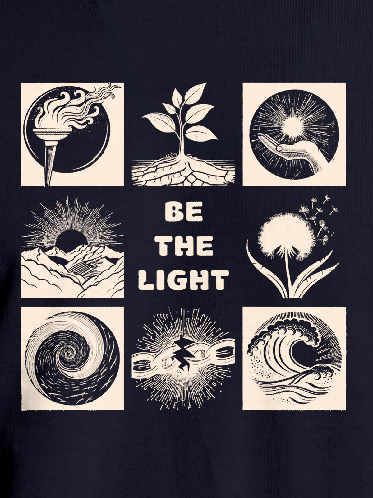Close up of 'Be The Light' design on Women's Navy Blue Round Neck T-shirt, highlighting intricate details and vibrant print.