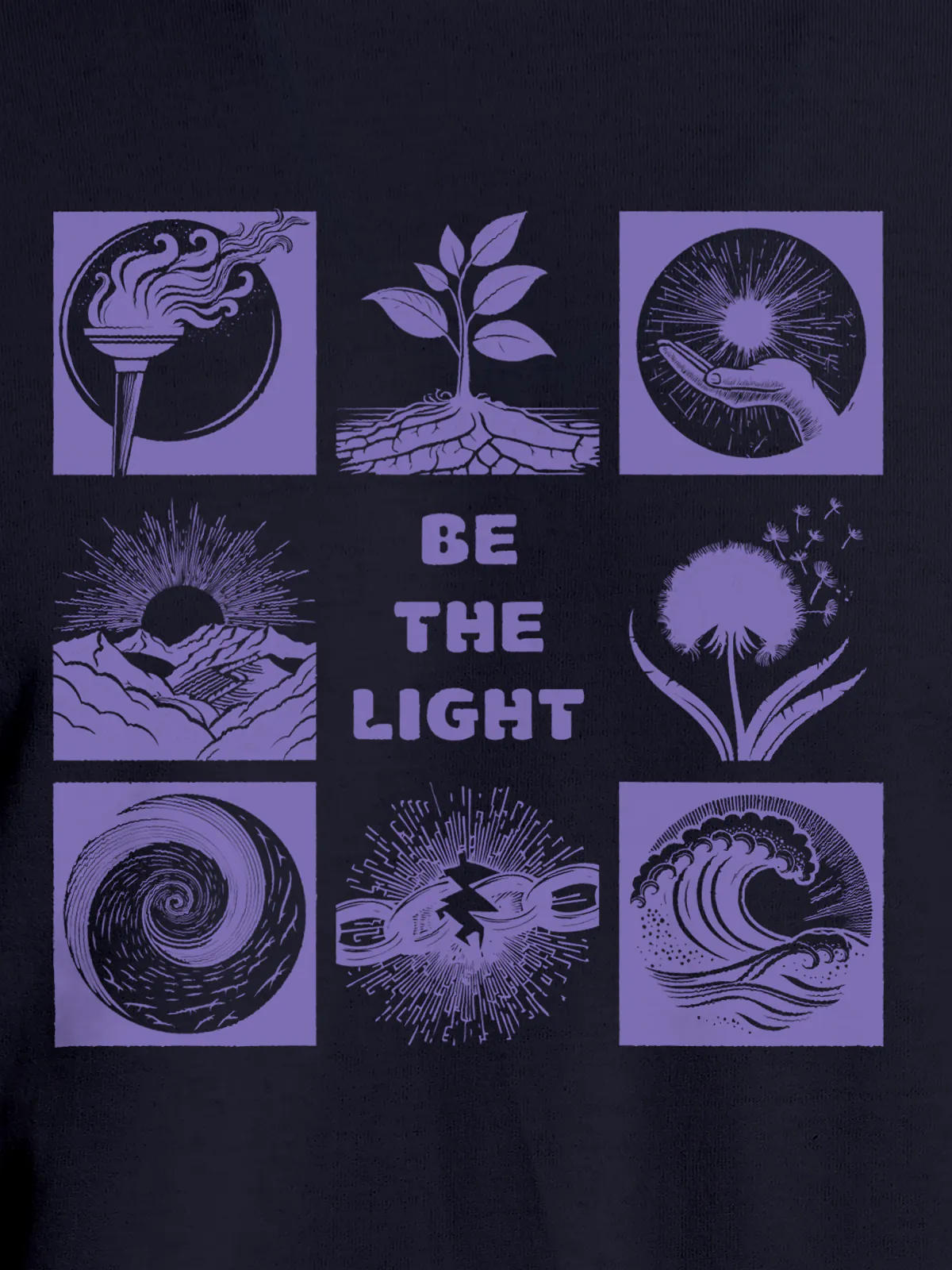 Close up of 'Be The Light' design on Women's Navy Blue Round Neck T-shirt, highlighting intricate details and vibrant print.
