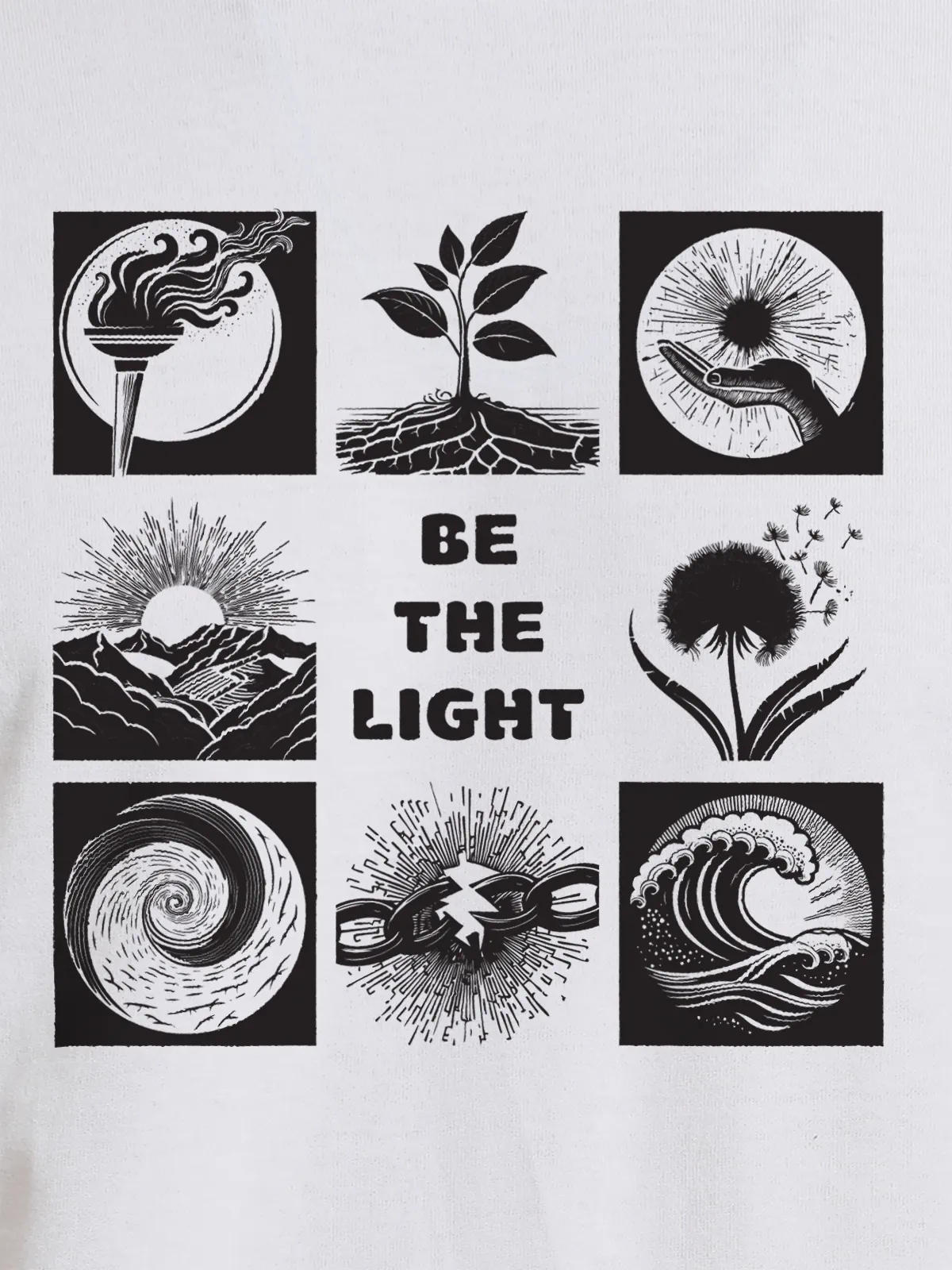 Close up of 'Be The Light' design on Women's White Round Neck T-shirt, highlighting intricate details and vibrant print.