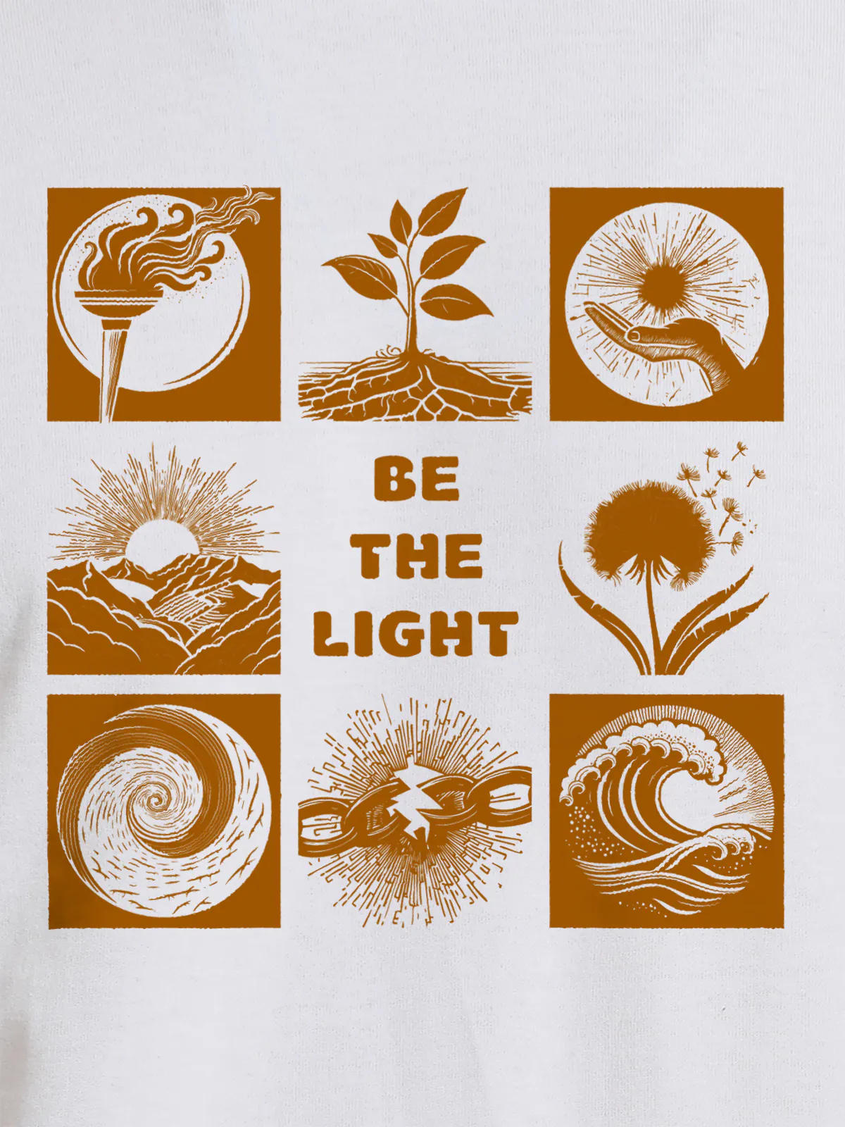 Close up of 'Be The Light' design on Women's White Round Neck T-shirt, highlighting intricate details and vibrant print.