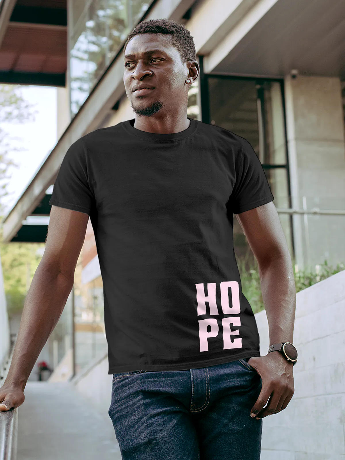 Model wearing Men's Dark Grey Round Neck T-shirt with 'Hope' design, offering effortless style and premium comfort