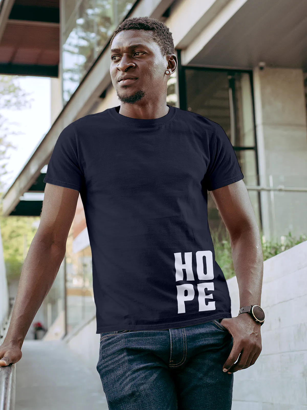 Model wearing Men's Navy Blue Round Neck T-shirt with 'Hope' design, offering effortless style and premium comfort