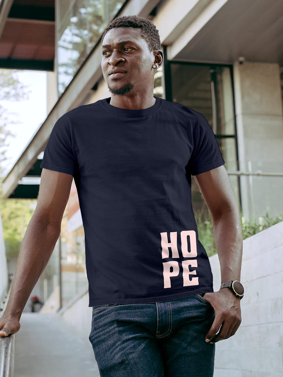 Model wearing Men's Navy Blue Round Neck T-shirt with 'Hope' design, offering effortless style and premium comfort