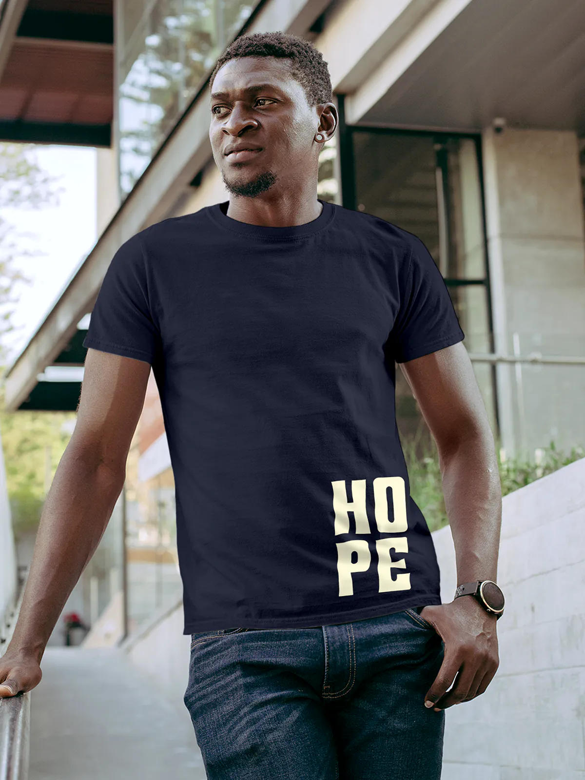 Model wearing Men's Navy Blue Round Neck T-shirt with 'Hope' design, offering effortless style and premium comfort