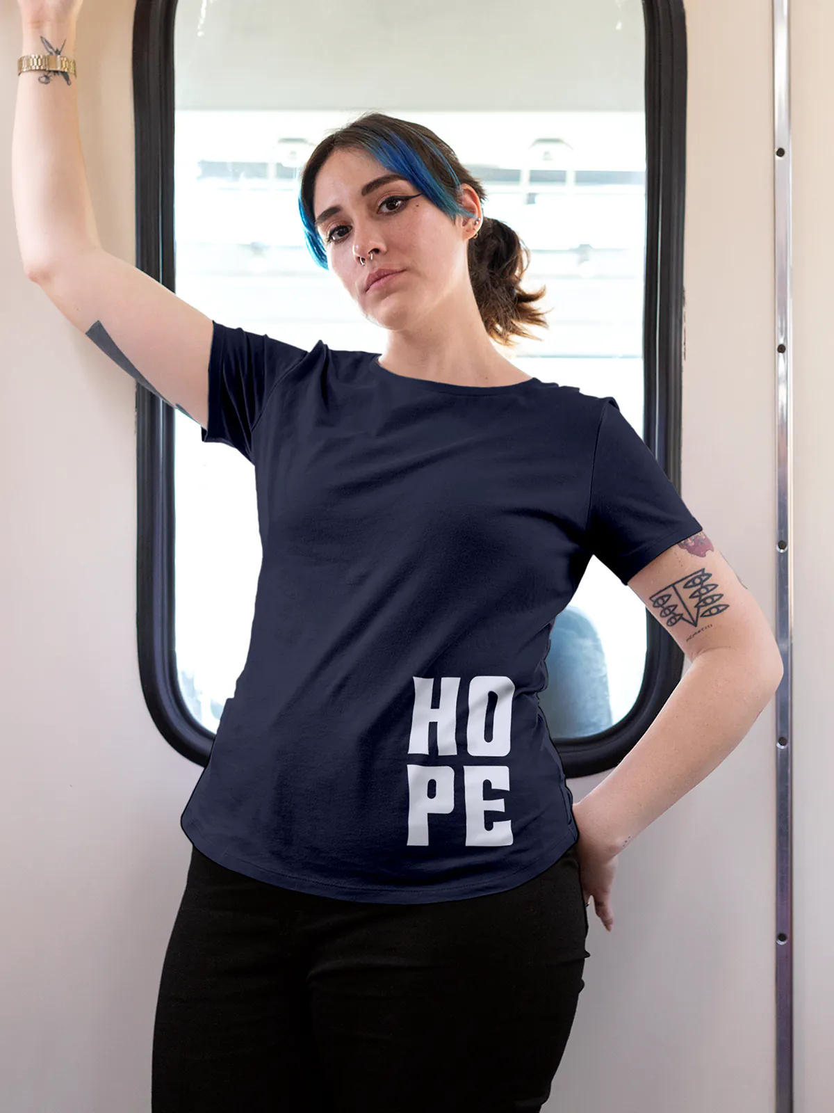 Model wearing Women's Navy Blue Round Neck T-shirt with 'Hope' design, offering effortless style and premium comfort