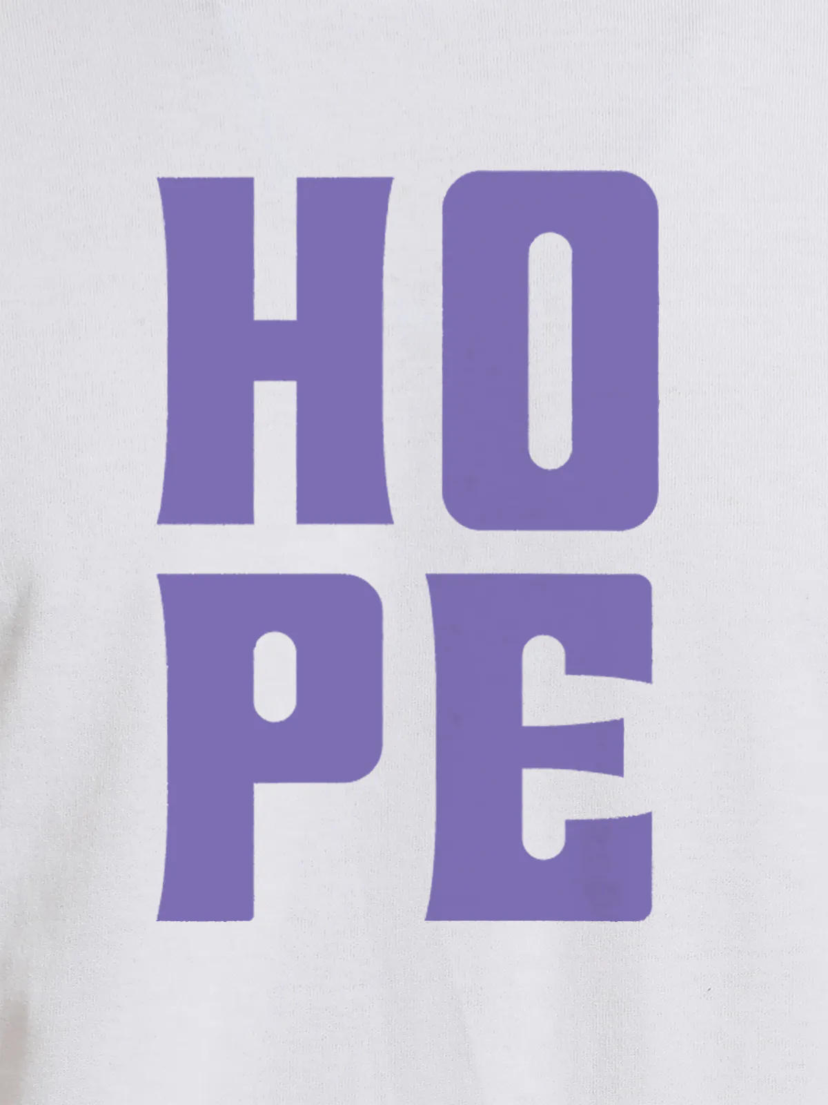 Close up of 'Hope' design on Men's White Round Neck T-shirt, highlighting intricate details and vibrant print.