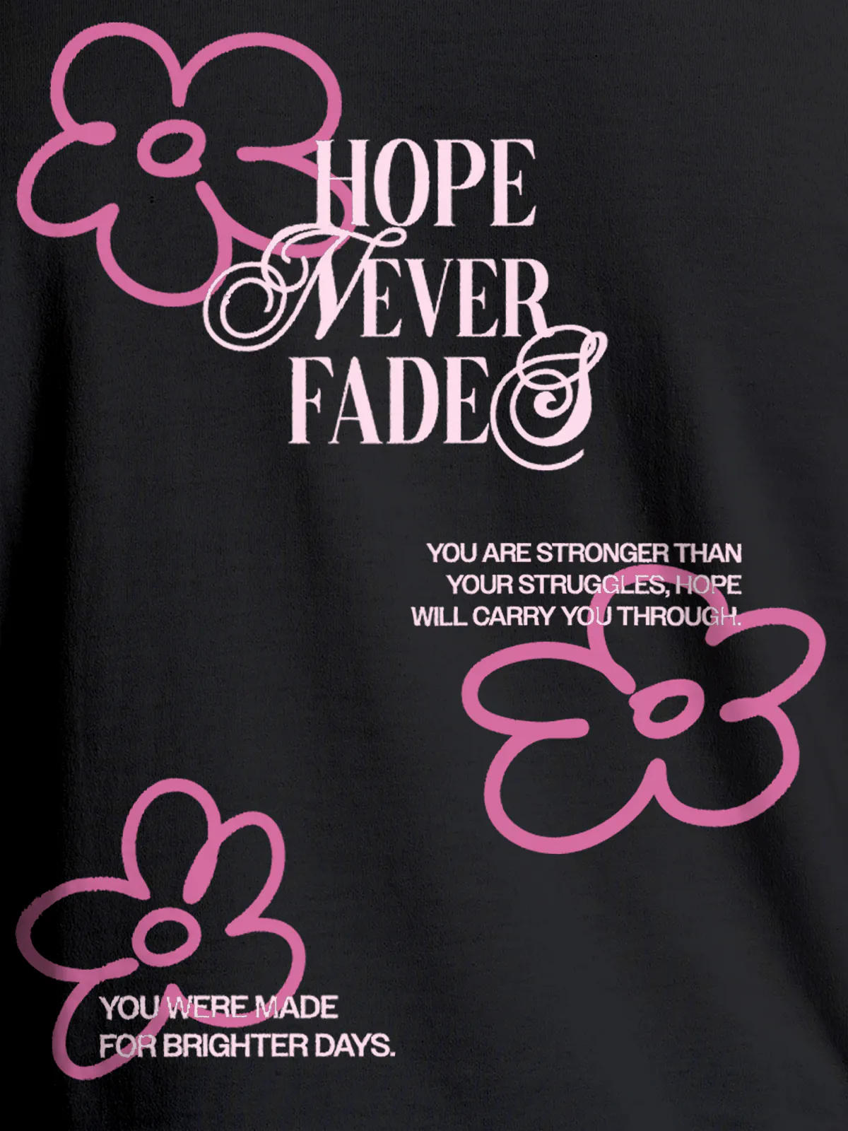 Close up of 'Hope Never Fades' design on Men's Dark Grey Round Neck T-shirt, highlighting intricate details and vibrant print.