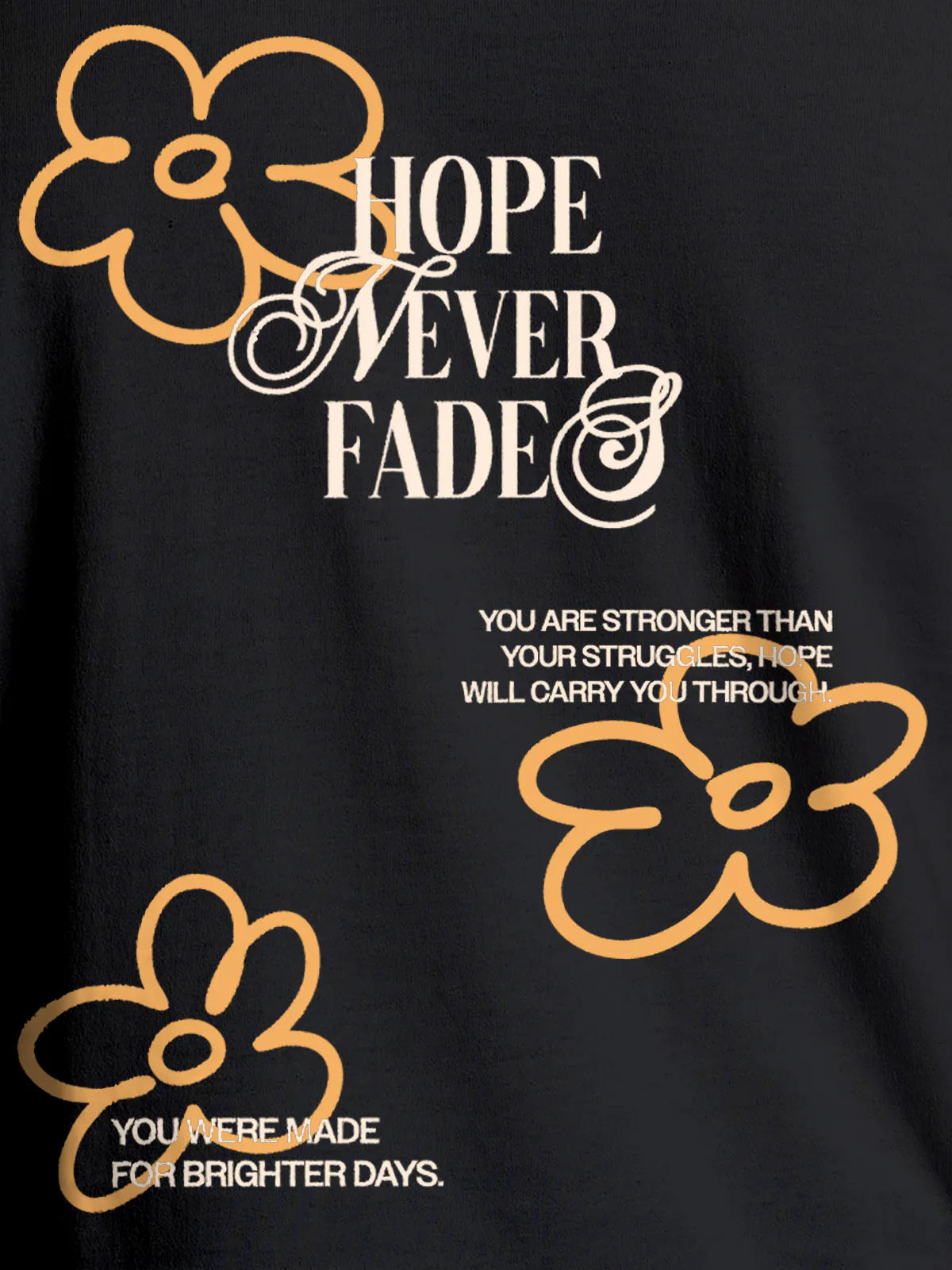 Close up of 'Hope Never Fades' design on Men's Dark Grey Round Neck T-shirt, highlighting intricate details and vibrant print.