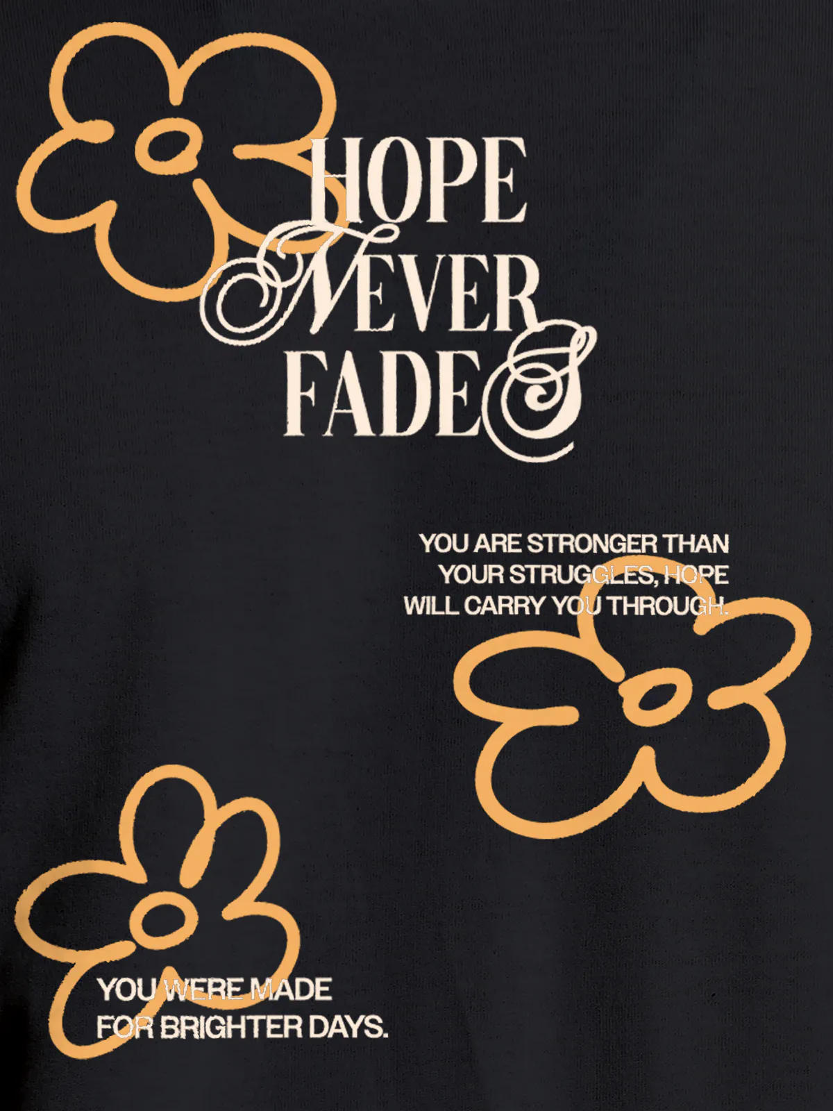 Close up of 'Hope Never Fades' design on Women's Dark Grey Round Neck T-shirt, highlighting intricate details and vibrant print.