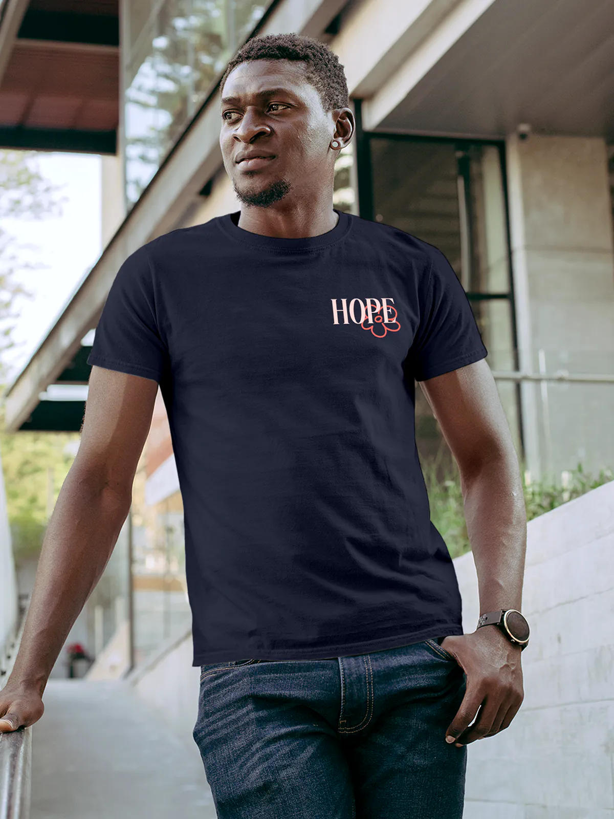 Front view of Fighterhero Men's Navy Blue Round Neck T-shirt, highlighting the 'broken chains' design on the chest.
