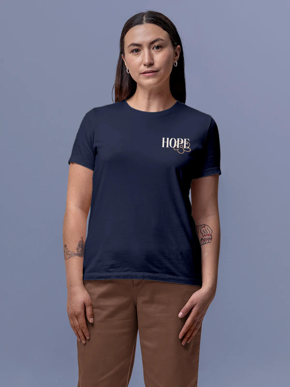 Front view of Fighterhero Women's Navy Blue Round Neck T-shirt, highlighting the 'broken chains' design on the chest.